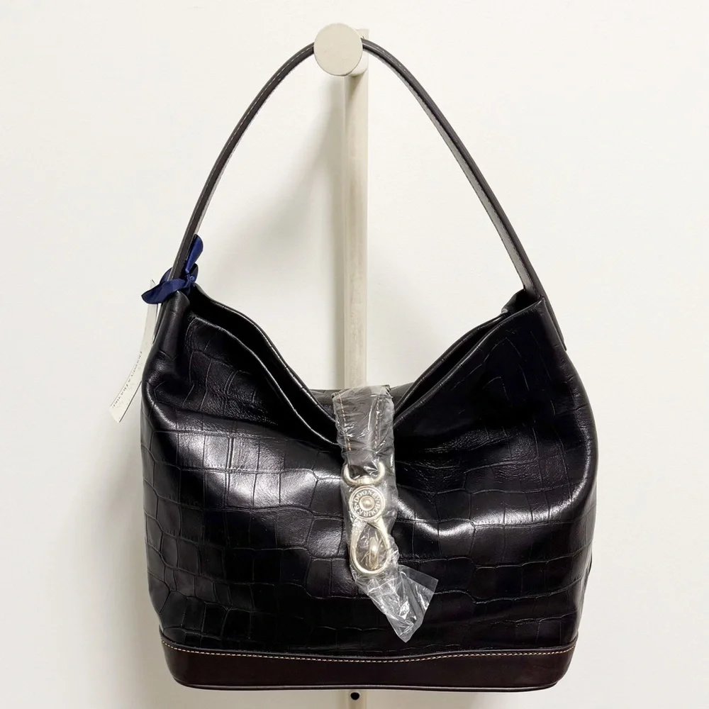 Dooney Bourke Black Brown Leather Croc Embossed Lobster Clasp Hobo Makeup Bag
